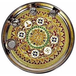 SIYAA ;- 12 Inch Sarovar Silver Plated Pooja Thali Set, Occasional Gift, Pooja Thali Decorative, Wedding Gift, Diwali Pooja metal Thali Set Of 5 pcs @@ nit Silver image 3