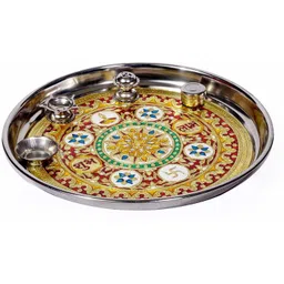 SIYAA ;- 12 Inch Sarovar Silver Plated Pooja Thali Set, Occasional Gift, Pooja Thali Decorative, Wedding Gift, Diwali Pooja metal Thali Set Of 5 pcs @@ nit Silver image 1