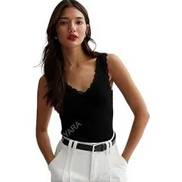 siyara V Neck LACE Trim Spaghetti Ribbed Slim Fit Tops for Women-picture-21