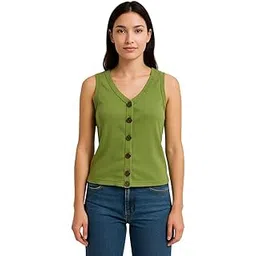 siyara V- Neck Ribbed Button Sleeveless Spaghetti TOP for Women-picture-36