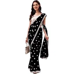 sizu Suzu Women's Polka Dot Embroidered Georgette Saree with Unstitched Blouse with Pearl White Gota Work Embroidery-picture-53