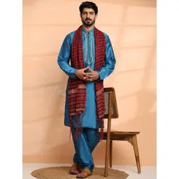 SKAVIJ Men Embroidered Regular Thread Work Dupion Silk Kurta with Churidar & With Dupatta-picture-26