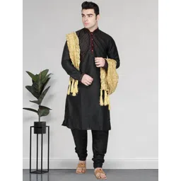 SKAVIJ Men Leheriya Printed Regular Thread Work Dupion Silk Kurta with Churidar & With Dupatta-picture-31