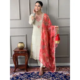 S.K.C Ethnic Motifs Embroidered Sequinned Chanderi Silk Kurta With Trouser & With Dupatta-picture-34