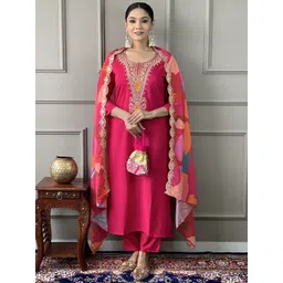 S.K.C Ethnic Motifs Yoke Design Sequinned Straight Kurta With Trouser & Dupatta-picture-25