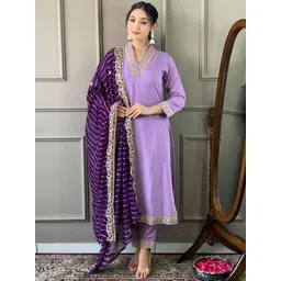 S.K.C Floral Embroidered V-Neck Sequinned Kurta With Trousers & Dupatta-picture-17