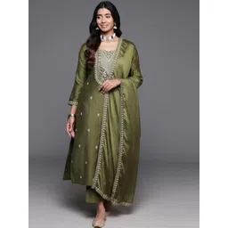 S.K.C Women Ethnic Motifs Embroidered Regular Thread Work Chanderi Silk Kurta with Trousers & With Dupatta-picture-37