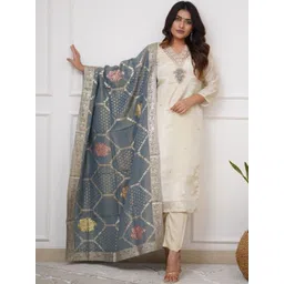 S.K.C Women Ethnic Motifs Embroidered Regular Thread Work Chanderi Silk Kurta with Trousers & With Dupatta-picture-38