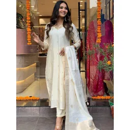 S.K.C Women Ethnic Motifs Embroidered Regular Thread Work Chanderi Silk Kurta with Trousers & With Dupatta-picture-34