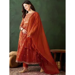 S.K.C Women Ethnic Motifs Printed Panelled Thread Work Kurta with Trousers & With Dupatta-picture-26