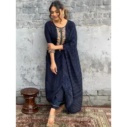 S.K.C Women Floral Embroidered Regular Thread Work Chanderi Silk Kurta with Trousers & With Dupatta-picture-25