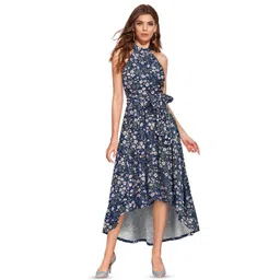 S.K.C Women Floral Print Halter Neck Tie-Up High Low Fit & Flare Midi Dress-picture-20