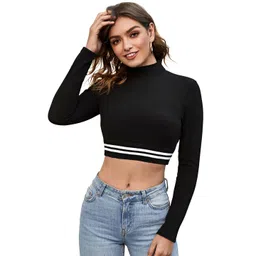 S.K.C Women High Neck Long Sleeves Colourblocked Fitted Crop Top image 1