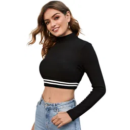 S.K.C Women High Neck Long Sleeves Colourblocked Fitted Crop Top image 2