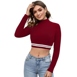 S.K.C Women Maroon High Neck Long Sleeves Crop Top-picture-12