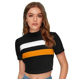 S.K.C Women Striped High Neck Crop Regular Top-picture-18