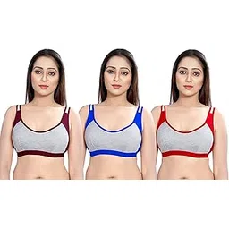 skstore Women Cotton Blend Comfortable Slip Fit Non Padded Seamless Wire Free Sports Bra | Stylish Women, Girls Full Coverage Lightly Non Padded Sports Bra (Pack of 3)-picture-43