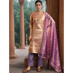 Skylee Pop Floral Embroidered Notch Neck Zari Straight Kurta With Trousers & Dupatta-picture-16