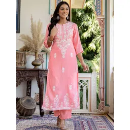 Skylee Pop Women Ethnic Motifs Embroidered Regular Chikankari Kurta with Trousers-picture-16