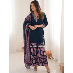 Skylee Pop Women Floral Embroidered Regular Thread Work Kurta with Palazzos & With Dupatta-picture-32