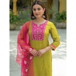 Skylee Pop Women Floral Embroidered Regular Thread Work Kurta with Trousers & With Dupatta-picture-22