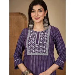 Skylee Pop Women Floral Embroidered Round Neck Sequinned Cotton Kurta-picture-21