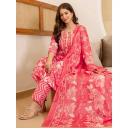 SKYLEE Floral Printed Mirror Work Straight Kurta With Trousers And Dupatta-picture-18