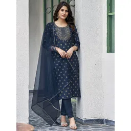 SKYLEE Floral Printed Round Neck Sequinned Straight Kurta With Trouser And Dupatta-picture-34