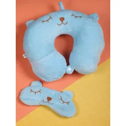 skylofts 100% Cotton Blue Neck Pillow for Boys Car, Train, Flight, Bus - Microfibre Travel Cushions with Sleeping Eye Mask- Kids image 1