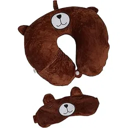 SKYLOFTS Cute Brown Micro Fibre Soft Neck Pillow for Travel, Car, Train, Travel Pillow for Flight Neck Pillow for Sleeping (with Eye Mask)-picture-43
