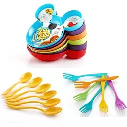 skyplex Cute Cartoon Plastic Plate Snack Serving Plate with free spoon and fork Mickey Mouse Shape Plates for Kids, Baby Cartoon Plate Best for Kids Gift (Multi-Color) Set of 3 pics Sectioned Plate 3 Frok Spoon, 3 Normal Spoon Sectioned Plate-picture-20