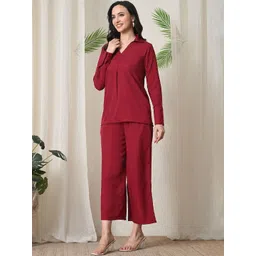 sleek italia Maroon Shirt Collar Top & Trousers Co-Ords-picture-27