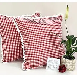 Sleepy Threads Decorative Red & White Checkered Cotton Cushion Cover Throw with Handcrafted Crochet Border for Sofa,Living Room,Bedroom, Deewan,Couch, 16x16 inch/40x40 cm-picture-12