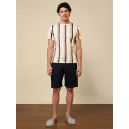 SleepZ by Raymond Striped Pure Cotton Round Neck T-Shirt & Shorts Night Suit-picture-27