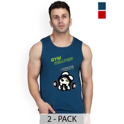 Slowloris Men Set Of 2 Red & Mustard Printed Cotton Sleeveless Innervest-picture-16