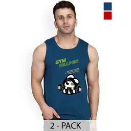 SLOWLORIS Pack Of 2 Graphic Printed Round Neck Sleeveless Cotton Gym Vests-picture-42