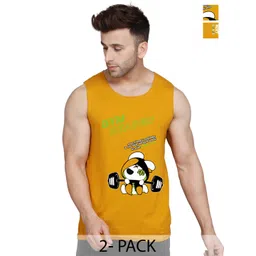 SLOWLORIS Pack Of 2 Printed Round Neck Bio-Wash Cotton Gym Vests-picture-28