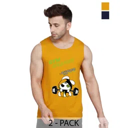 SLOWLORIS Pack Of 2 Printed Round Neck Bio-Wash Cotton Gym Vests-picture-25