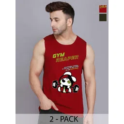 SLOWLORIS Pack Of 2 Printed Round Neck Bio-Wash Cotton Gym Vests-picture-33