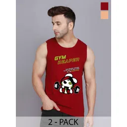 SLOWLORIS Pack Of 2 Printed Round Neck Bio-Wash Cotton Gym Vests-picture-10