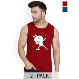 SLOWLORIS Pack Of 2 Printed Round Neck Bio-Wash Cotton Gym Vests-picture-30
