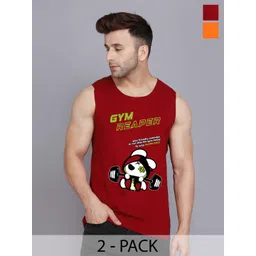 SLOWLORIS Pack Of 2 Printed Round Neck Cotton Gym Vests-picture-33