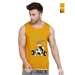 SLOWLORIS Pack Of 2 Printed Round Neck Cotton Gym Vests-picture-29