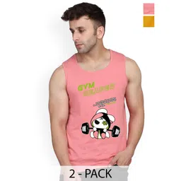 SLOWLORIS Pack Of 2 Printed Round Neck Cotton Gym Vests-picture-17