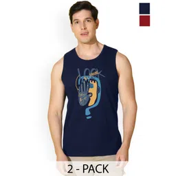 SLOWLORIS Pack Of 2 Printed Round Neck Sleeveless Bio-Wash Cotton Gym Vests-picture-25
