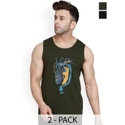 SLOWLORIS Pack Of 2 Printed Round Neck Sleeveless Bio-Wash Cotton Gym Vests-picture-26