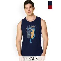 SLOWLORIS Pack Of 2 Printed Round Neck Sleeveless Bio-Wash Cotton Gym Vests-picture-27