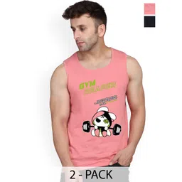 SLOWLORIS Pack Of 2 Printed Round Neck Sleeveless Bio-Wash Cotton Gym Vests-picture-23