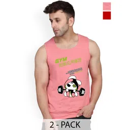 SLOWLORIS Pack Of 2 Printed Round Neck Sleeveless Bio-Wash Cotton Gym Vests-picture-25