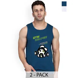 SLOWLORIS Pack Of 2 Printed Round Neck Sleeveless Bio-Wash Cotton Gym Vests-picture-13